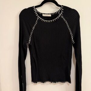 OAK + FORT Black Long Sleeve Sweater with White Stitching